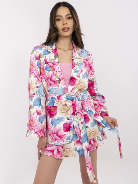 Ecru-niebieski elegancki komplet w kwiaty