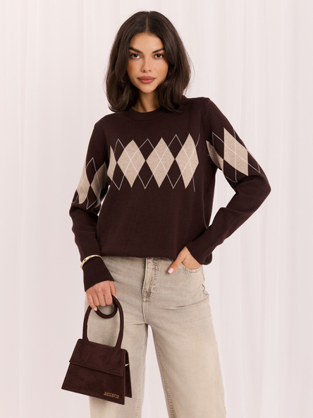 Brązowy damski sweter w geometryczny wzór