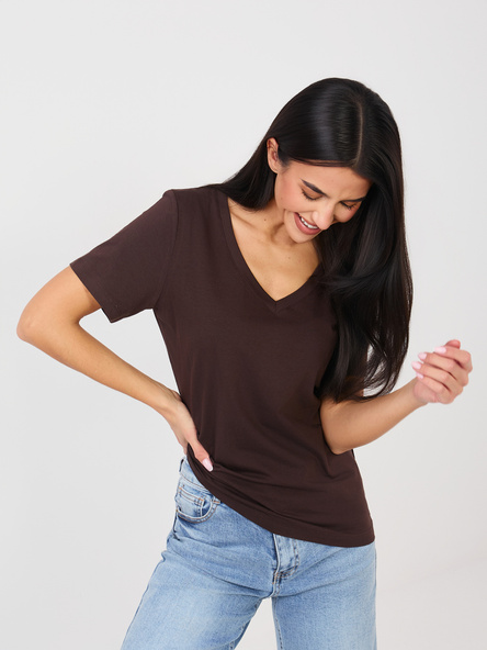 Czekoladowy bawełniany t-shirt basic RUE PARIS