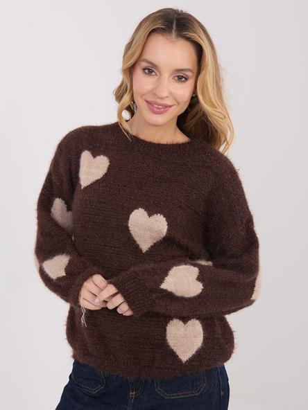 Brązowy damski sweter oversize w serca