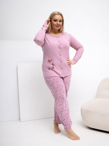 Brudnoróżowa piżama plus size ze spodniami w kropki