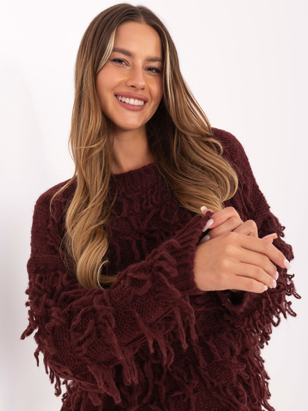 Bordowy sweter oversize z frędzlami RUE PARIS