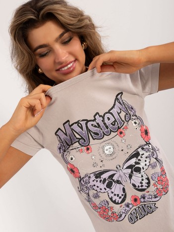 Beżowy t-shirt damski z printem SUBLEVEL