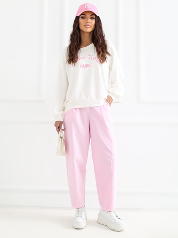 Jasnoróżowe sztruksowe spodnie ze zwężaną nogawką RUE PARIS