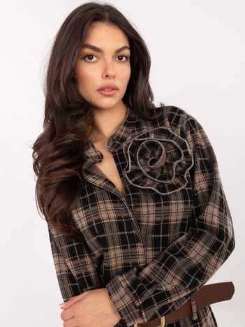 Beżowa damska koszula w kratę casualowa z okrągłym dekoltem