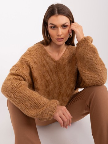 Camelowy dzianinowy sweter z szerokimi rękawami RUE PARIS