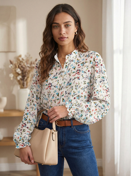 Biało-niebieska elegancka koszula damska z bufiastym rękawem w kwiaty