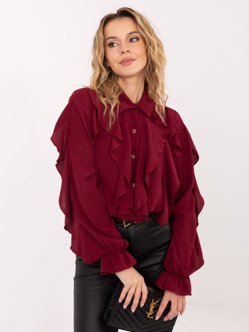 Bordowa elegancka koszula damska z falbanami i bufiastymi rękawami