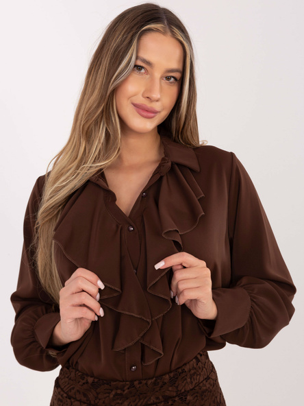 Brązowa elegancka koszula klasyczna z żabotem i bufiastymi rękawami