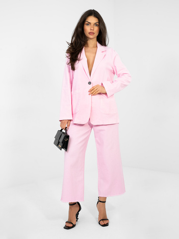 Pastelowa różowa jeansowa marynarka z guzikiem RUE PARIS