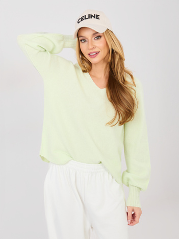 Pastelowy zielony sweter oversize z dekoltem V