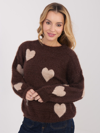 Brązowy damski sweter oversize w serca