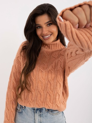 Pomarańczowy sweter golf z ażurowym wzorem