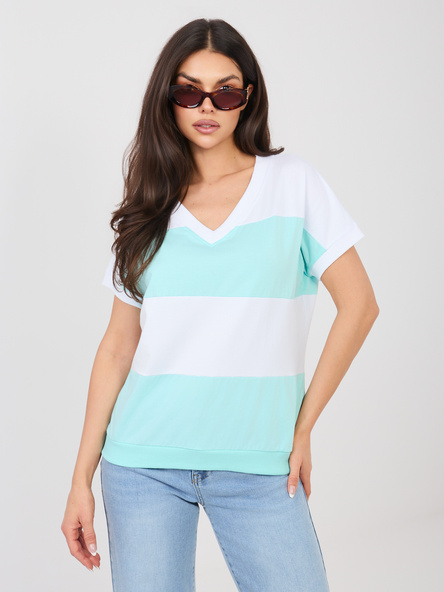 Biało-miętowa bawełniana bluzka z dekoltem V