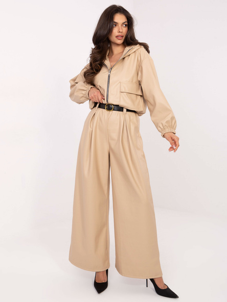 Beżowe skórzane spodnie z paskiem RUE PARIS