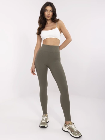 Khaki sportowe legginsy basic w prążek