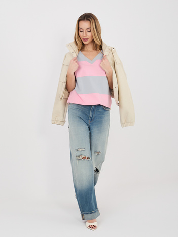 Szaro-jasnoróżowa casualowa bluzka z bawełny