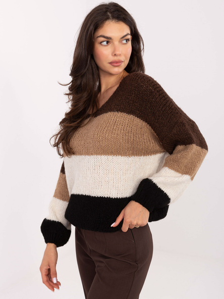 Brązowo-czarny sweter oversize w paski RUE PARIS