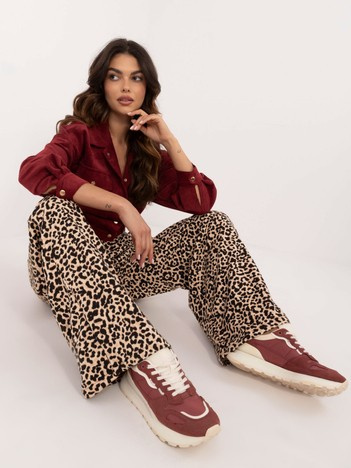 Beżowo-czarne szerokie spodnie w panterkę