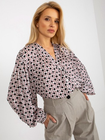 Ecru-brudnoróżowa koszula z imitacji satyny z nadrukiem