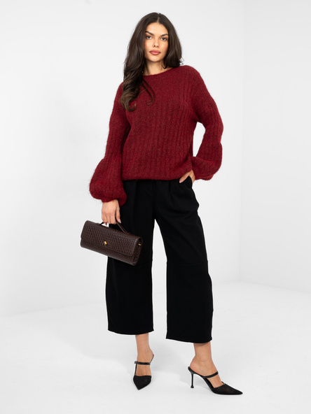 Bordowy damski sweter oversize z bufiastymi rękawami