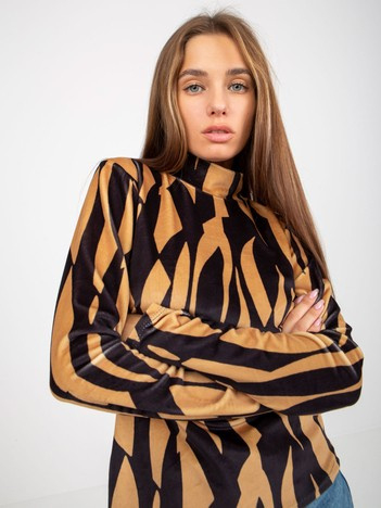 Camelowo-czarna welurowa bluzka z nadrukiem RUE PARIS
