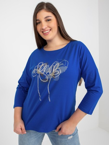 Ciemnoniebieska damska bluzka plus size z printem i dżetami