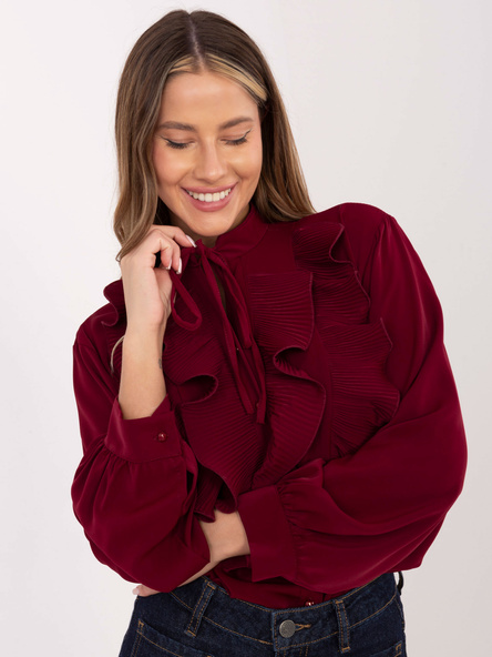 Burgundowa elegancka koszula damska z wiązaniem i plisowanym żabotem