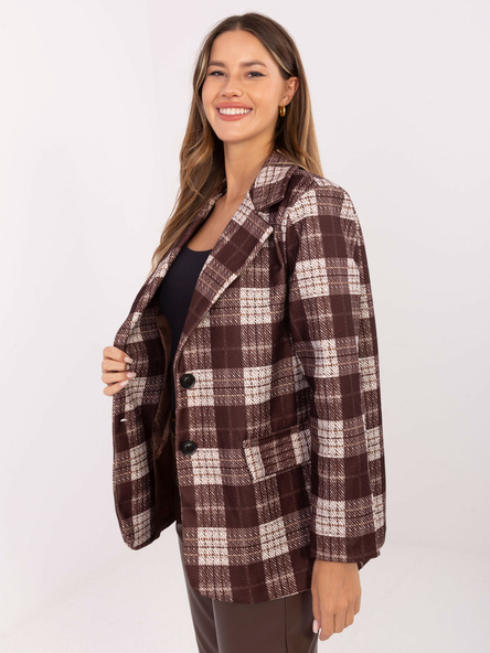 Czekoladowa gruba marynarka w kratę RUE PARIS