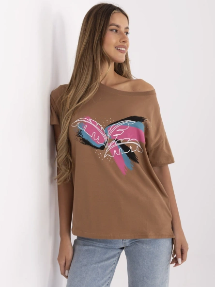 Jasnobrązowy damski t-shirt z haftem