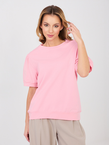 Pastelowa różowa bluzka basic z okrągłym dekoltem RUE PARIS