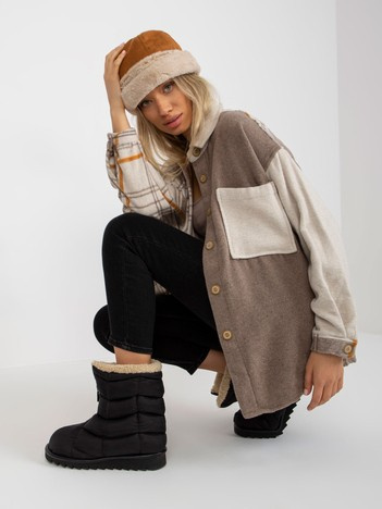 Beżowa dwukolorowa koszula w kartę z dużą kieszenią