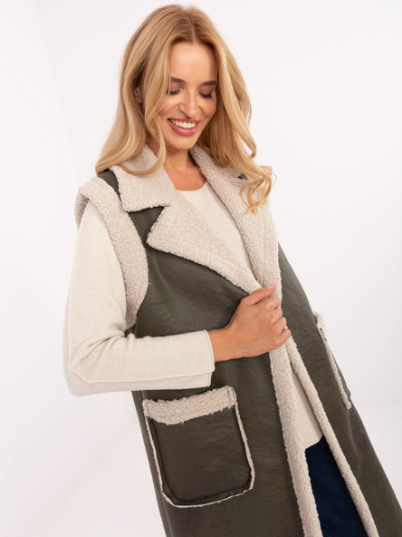 Khaki długa kamizelka z kieszeniami