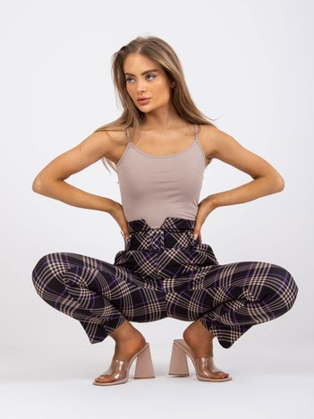 Czarno-fioletowe spodnie w kratę z wysokim stanem