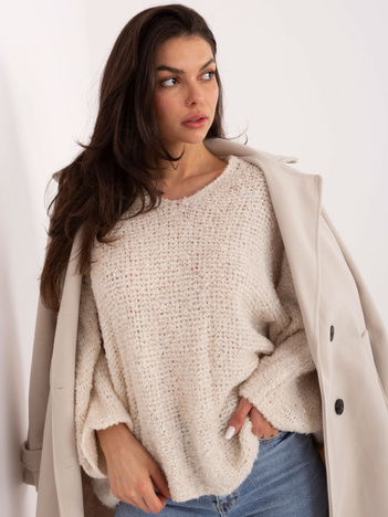 Kremowy sweter oversize boucle z dekoltem V