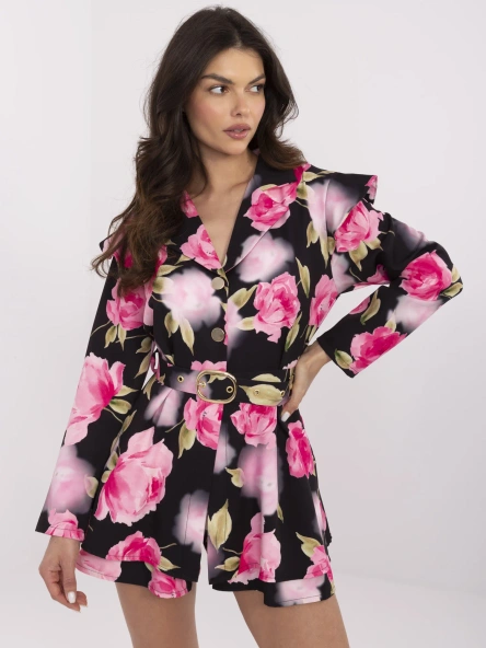 Czarno-różowy krótki kombinezon z paskiem