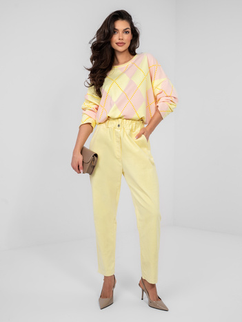 Pastelowe żółte sztruksowe spodnie paperbag z bawełny