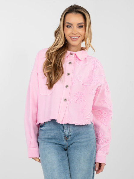 Jasnoróżowa jeansowa kurtka z kwiatową aplikacją RUE PARIS