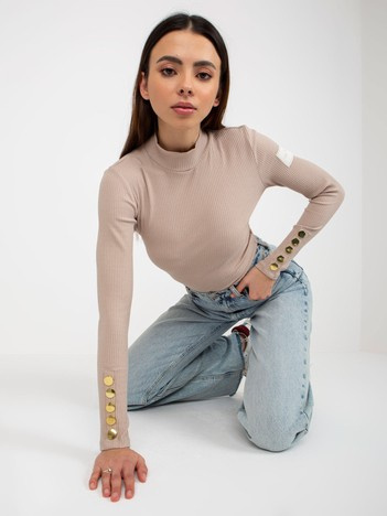 Beżowa prążkowana bluzka z półgolfem i guzikami OCH BELLA