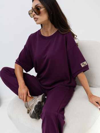 Śliwkowy dresowy komplet z bluzką oversize RUE PARIS