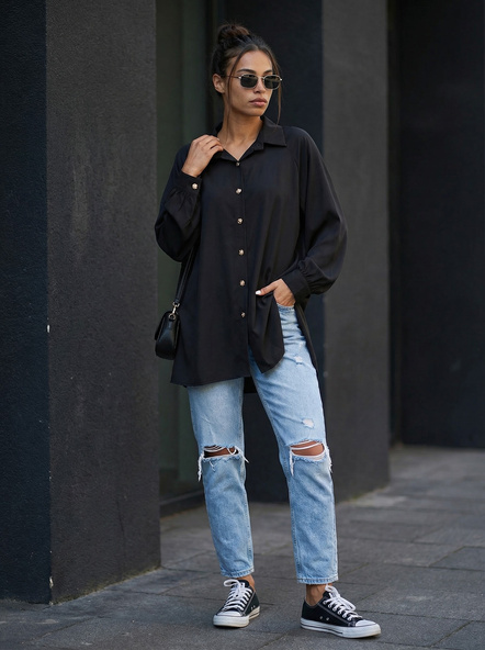 Czekoladowa damska koszula z ozdobnymi guzikami