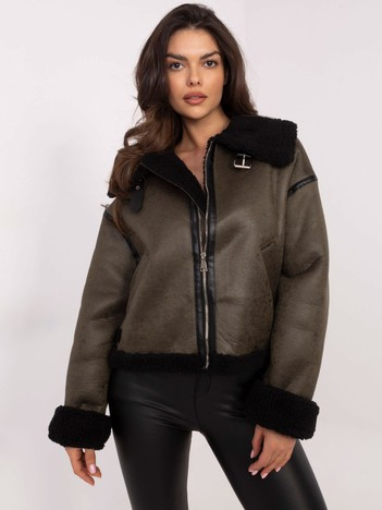 Khaki ocieplana kurtka zimowa z kożuszkiem