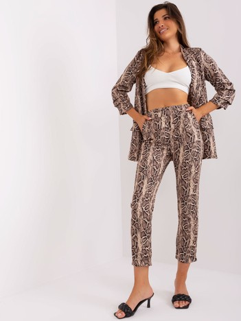 Beżowo-czarne spodnie z materiału z nogawką 7/8