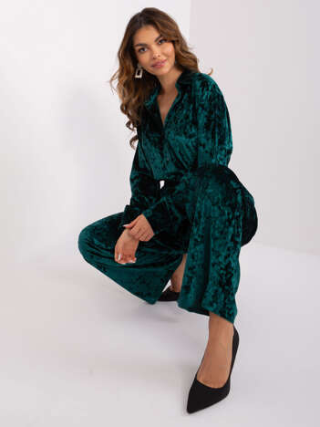 Ciemnozielony welurowy komplet z szerokimi spodniami
