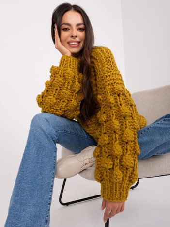Oliwkowy sweter oversize z bufiastym rękawem