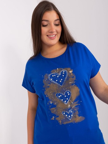 Kobaltowa bluzka plus size z aplikacją i printem