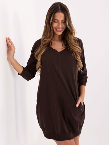Ciemnobrązowa dresowa sukienka z dekoltem V BASIC FEEL GOOD