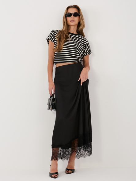 Czarna satynowa spódnica z koronką RUE PARIS