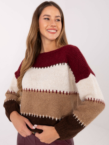 Bordowo-ecu damski sweter oversize w paski