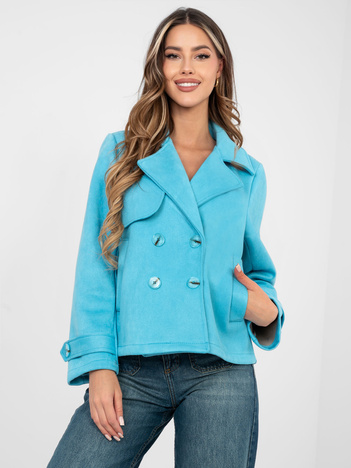 Pastelowy niebieski zamszowy płaszcz z kołnierzem